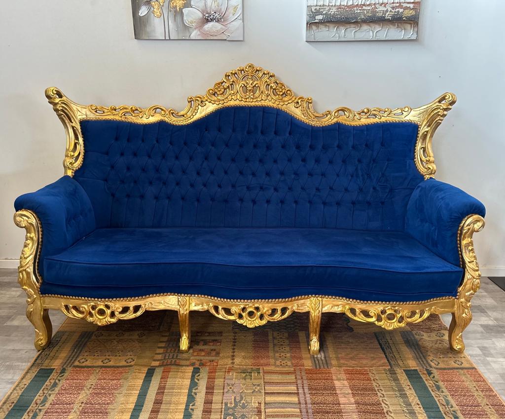 3-Sitzer Sofa Couch Barock Casa Padrino Royal Blau Gold Lounge